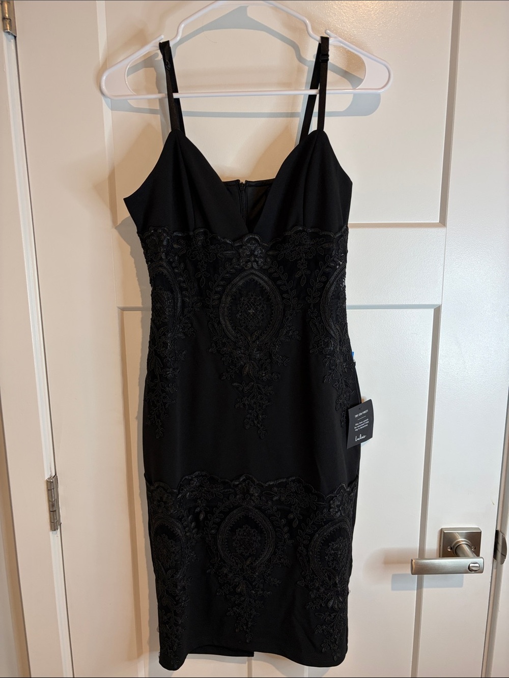 Lulu's Black Lace-Embroidered Midi Sheath Dress